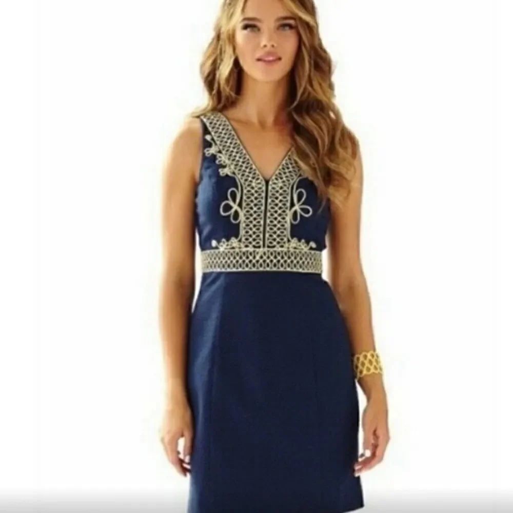 Lilly Pulitzer Aveline Navy Blue Metallic Gold Trim Sleeveless Shift Dress